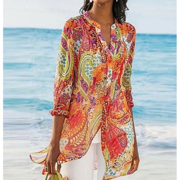 Soft Surroundings Womens Paisley Park Tunic Button-Up Chiffon Colorful Size L - Picture 1 of 8